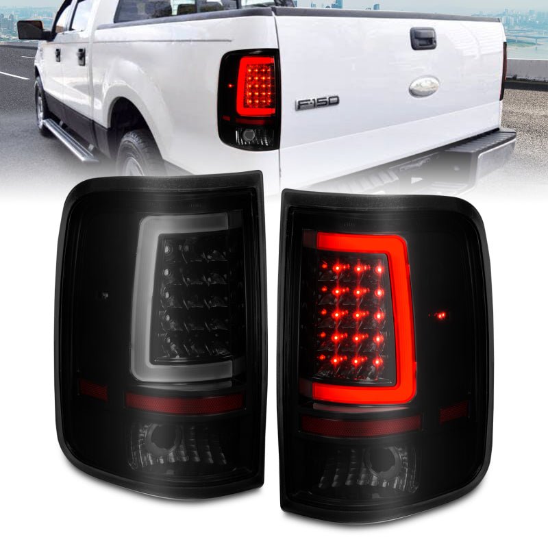 ANZO 2004-2006 Ford F-150 LED Tail Lights w/ Light Bar Black Housing Smoke Lens - Crew Original