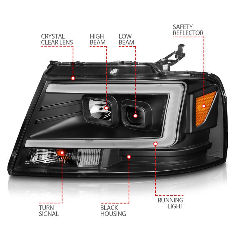 ANZO 2004-2008 Ford F-150 Projector Headlights w/ Light Bar Black Housing - Crew Original