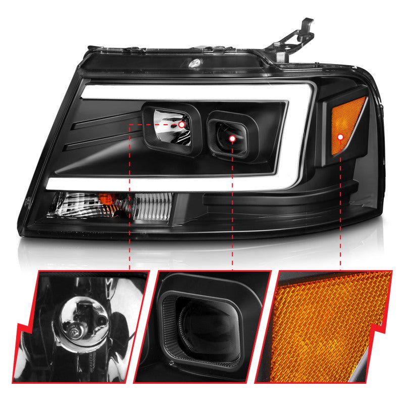 ANZO 2004-2008 Ford F-150 Projector Headlights w/ Light Bar Black Housing - Crew Original