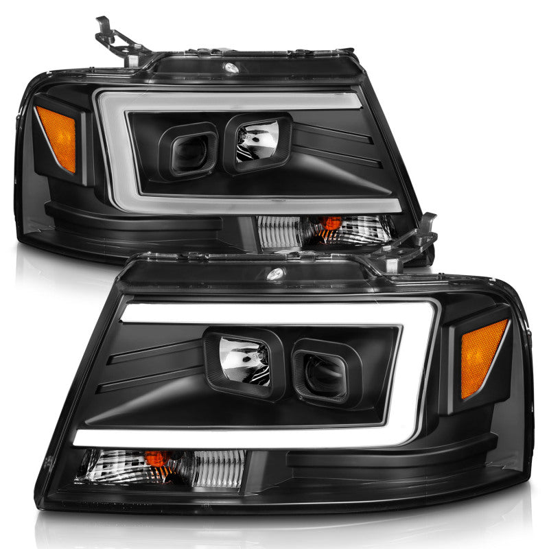 ANZO 2004-2008 Ford F-150 Projector Headlights w/ Light Bar Black Housing - Crew Original