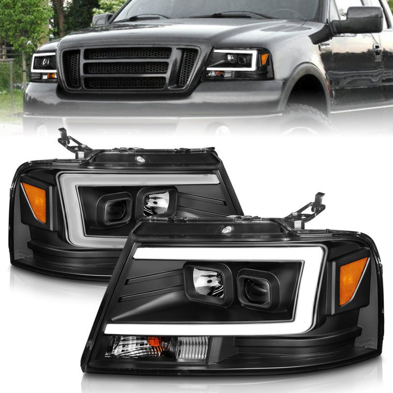 ANZO 2004-2008 Ford F-150 Projector Headlights w/ Light Bar Black Housing - Crew Original