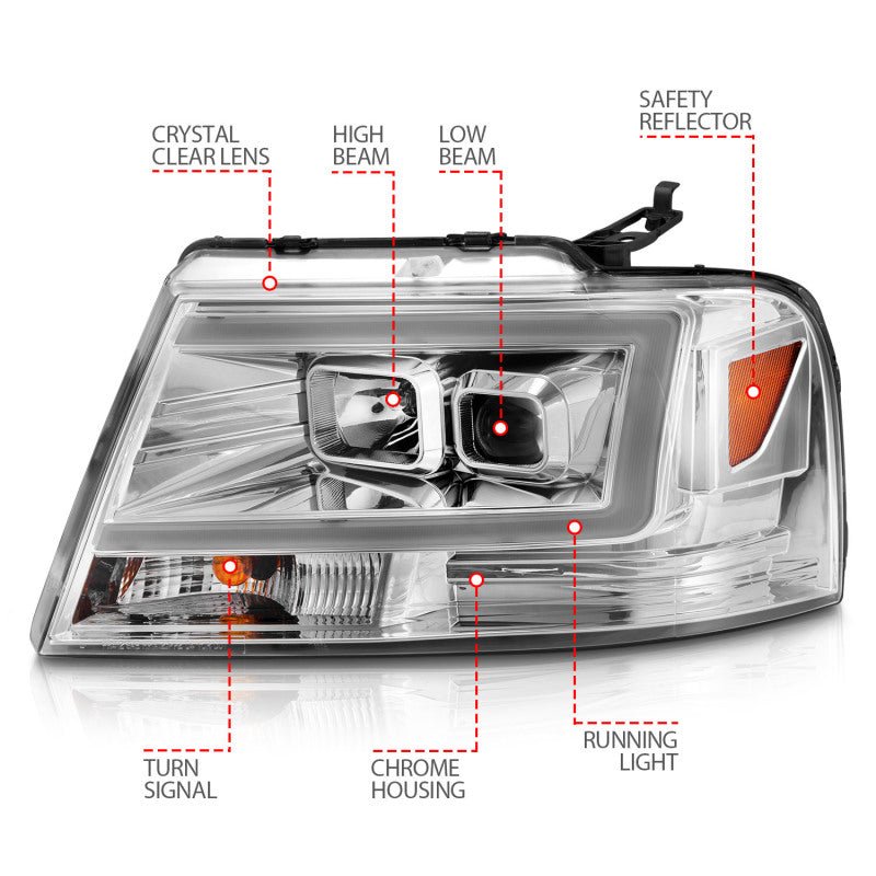 ANZO 2004-2008 Ford F-150 Projector Headlights w/ Light Bar Chrome Housing - Crew Original