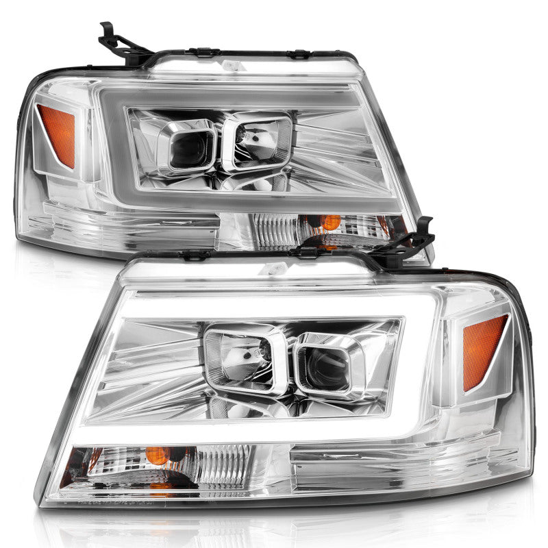 ANZO 2004-2008 Ford F-150 Projector Headlights w/ Light Bar Chrome Housing - Crew Original