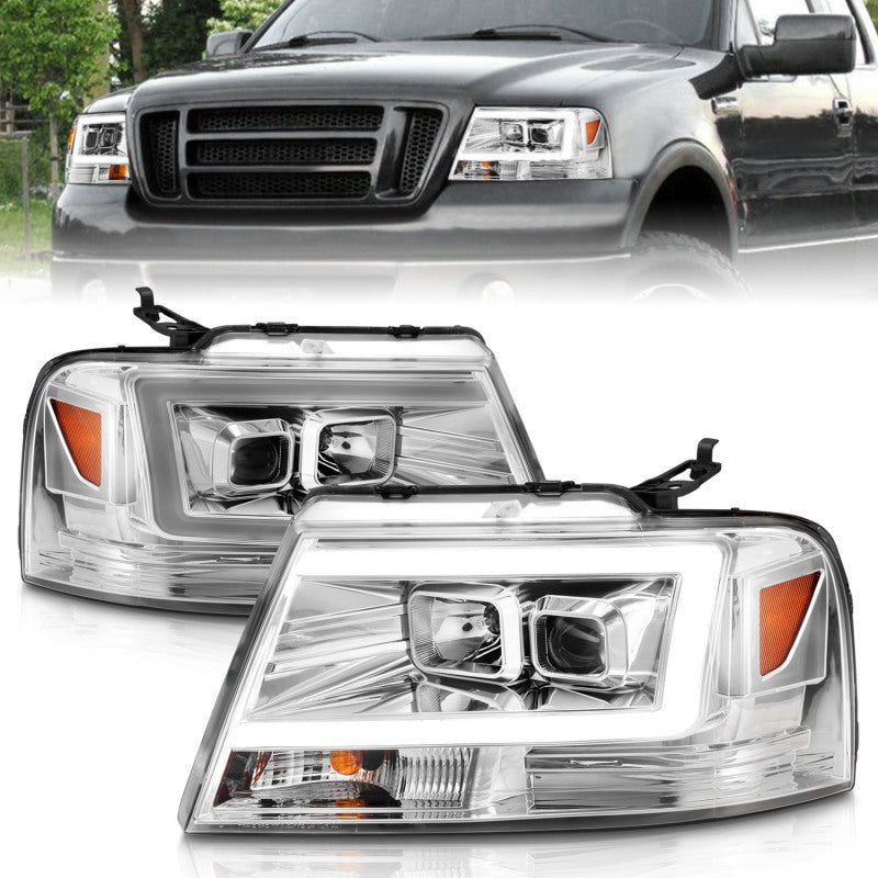 ANZO 2004-2008 Ford F-150 Projector Headlights w/ Light Bar Chrome Housing - Crew Original