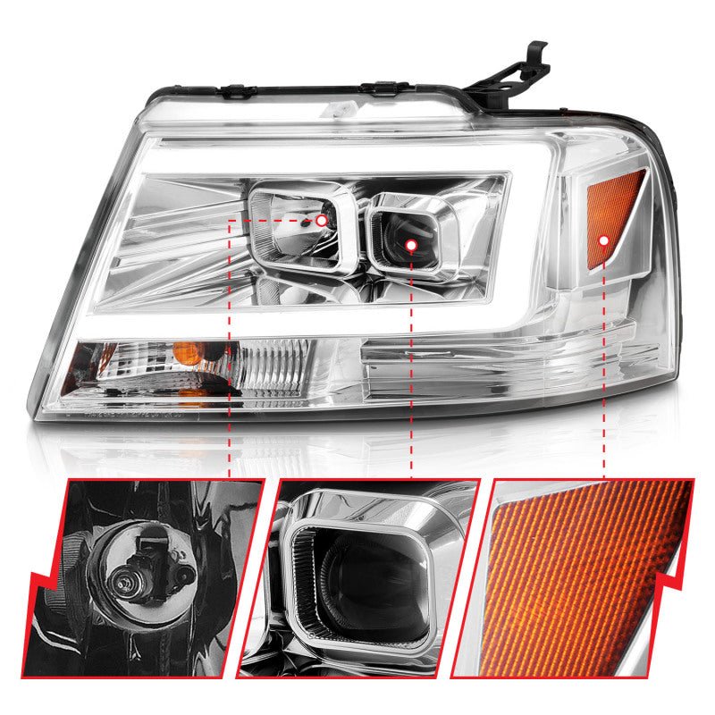 ANZO 2004-2008 Ford F-150 Projector Headlights w/ Light Bar Chrome Housing - Crew Original