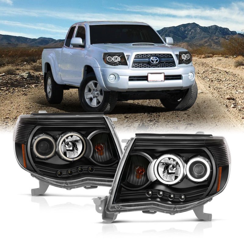 ANZO 2005-2011 Toyota Tacoma Projector Headlights w/ Halo Black - Crew Original