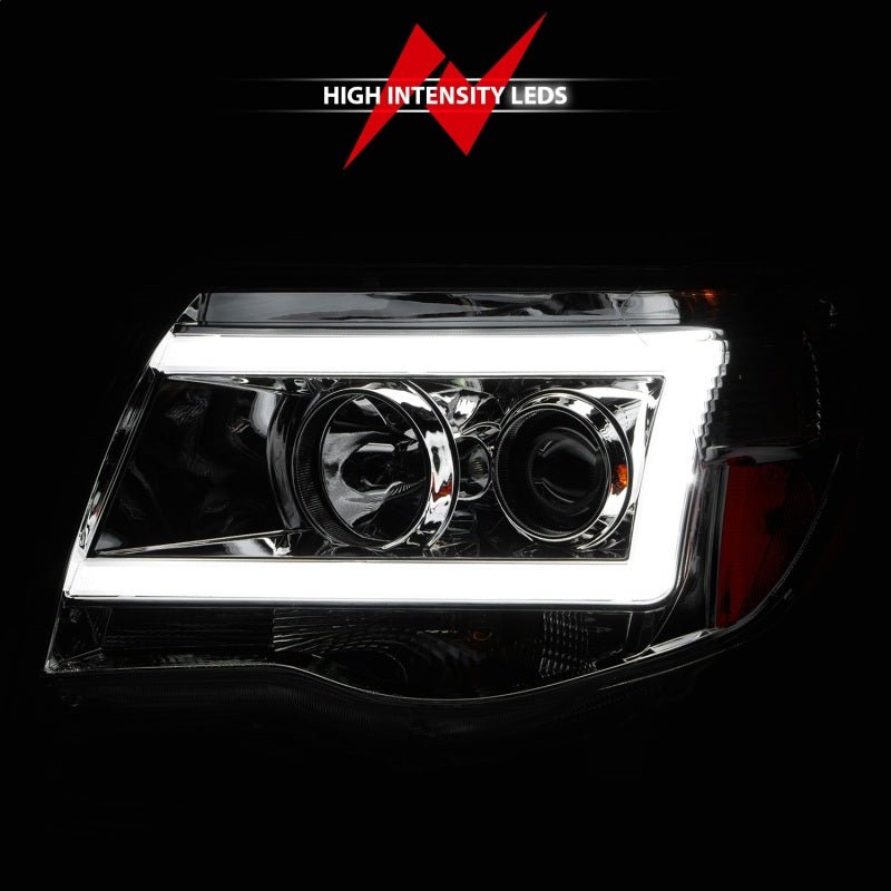 ANZO 2005-2011 Toyota Tacoma Projector Headlights w/ Light Bar Chrome Housing - Crew Original