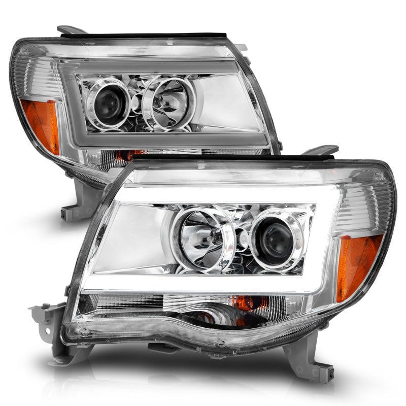 ANZO 2005-2011 Toyota Tacoma Projector Headlights w/ Light Bar Chrome Housing - Crew Original