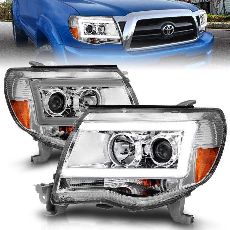 ANZO 2005-2011 Toyota Tacoma Projector Headlights w/ Light Bar Chrome Housing - Crew Original