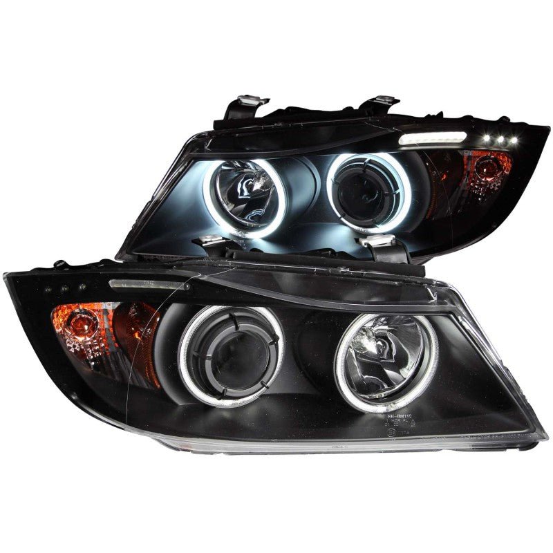 ANZO 2006-2008 BMW 3 Series E90-E91 Projector Headlights w/ Halo w/ LED Bar Black (CCFL) - Crew Original