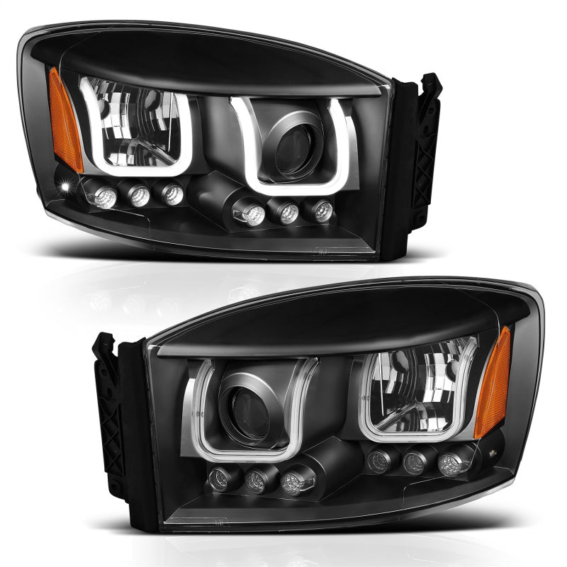 ANZO 2006-2008 Dodge Ram 1500 Projector Headlights w/ U-Bar Black - Crew Original