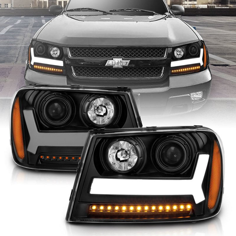 ANZO 2006-2009 Chevrolet Trailblazer Projector Headlights w/ Plank Style Design Black w/ Amber - Crew Original