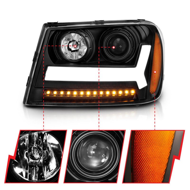 ANZO 2006-2009 Chevrolet Trailblazer Projector Headlights w/ Plank Style Design Black w/ Amber - Crew Original