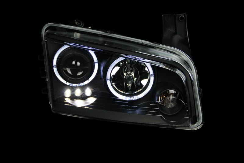 ANZO 2006-2010 Dodge Charger Projector Headlights w/ Halo Black - Crew Original