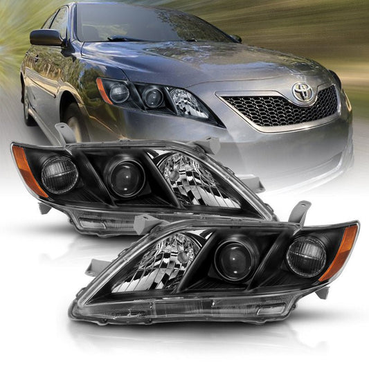 ANZO 2007-2009 Toyota Camry Projector Headlight Black Amber - Crew Original