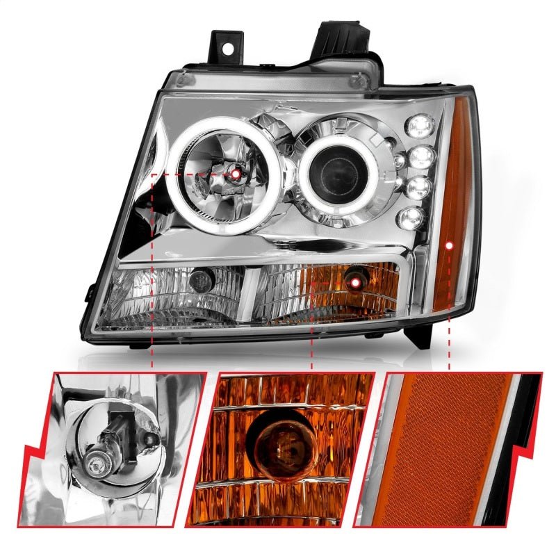 ANZO 2007-2013 Chevrolet Avalanche Projector Headlights w/ Halo Chrome - Crew Original