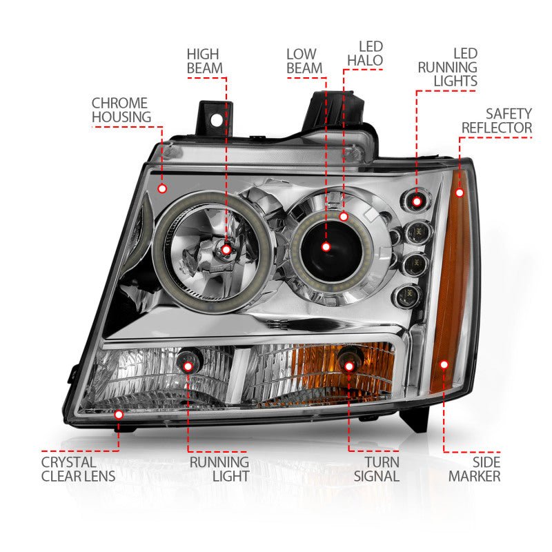 ANZO 2007-2013 Chevrolet Avalanche Projector Headlights w/ Halo Chrome - Crew Original