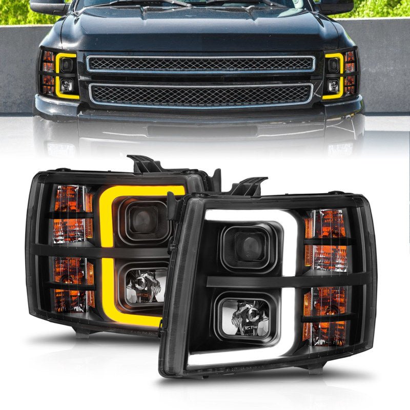 ANZO 2007-2013 Chevrolet Silverado 1500 Projector w/ Light Bar Black Housing w/ Sequential - Crew Original