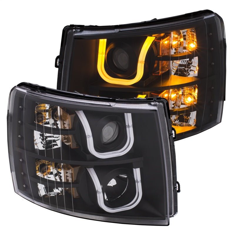 ANZO 2007-2013 Chevrolet Silverado 1500/2500 Projector Headlights w/ U-Bar Switchback Black w/ Amber - Crew Original