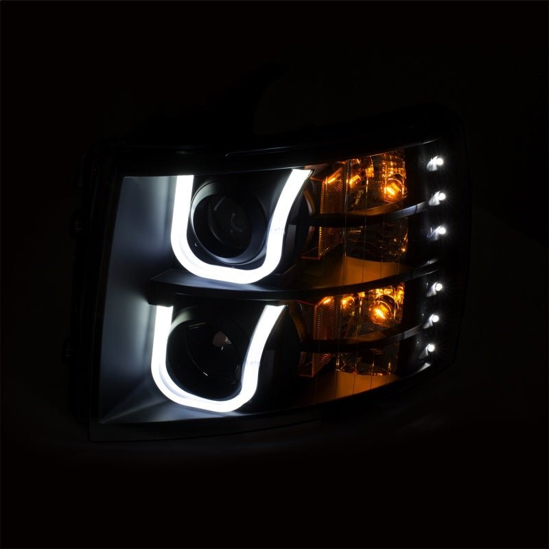 ANZO 2007-2013 Chevrolet Silverado 1500/2500 Projector Headlights w/ U-Bar Switchback Black w/ Amber - Crew Original