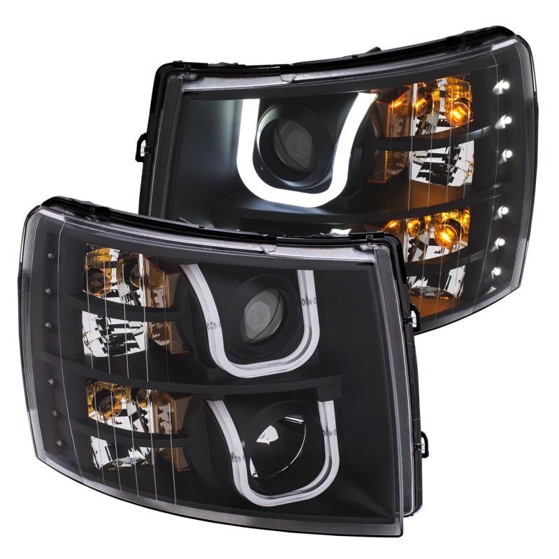 ANZO 2007-2013 Chevrolet Silverado 1500/2500 Projector Headlights w/ U-Bar Switchback Black w/ Amber - Crew Original