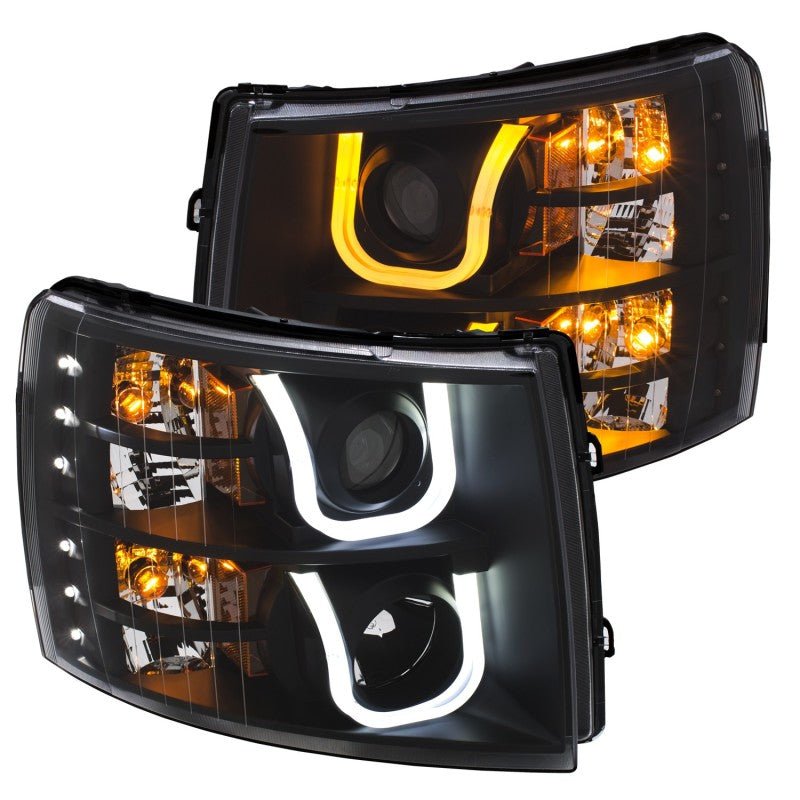 ANZO 2007-2013 Chevrolet Silverado 1500/2500 Projector Headlights w/ U-Bar Switchback Black w/ Amber - Crew Original