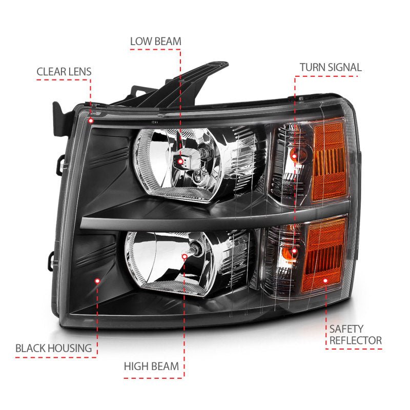 ANZO 2007-2013 Chevrolet Silverado Crystal Headlights Black - Crew Original