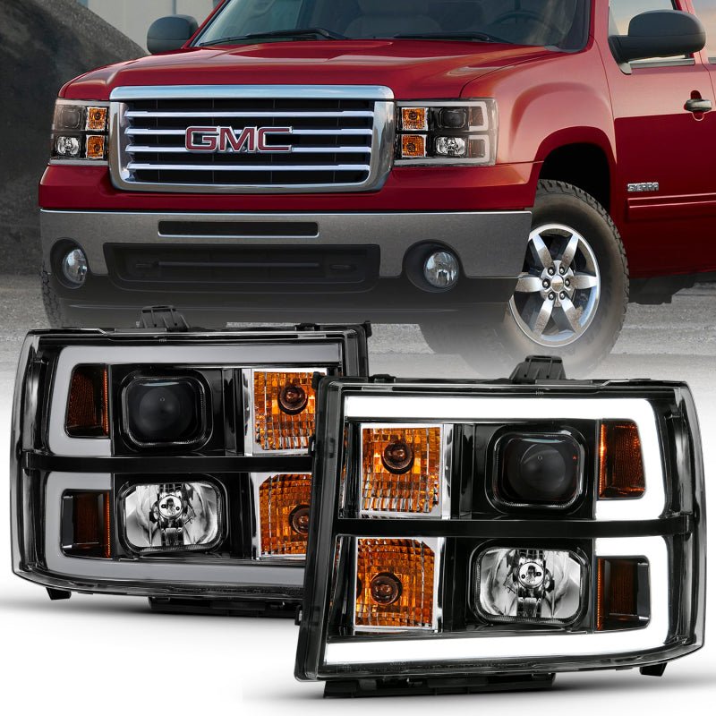 ANZO 2007-2013 Gmc Sierra 1500 Projector Headlight Plank Style Black w/ Clear Lens Amber - Crew Original