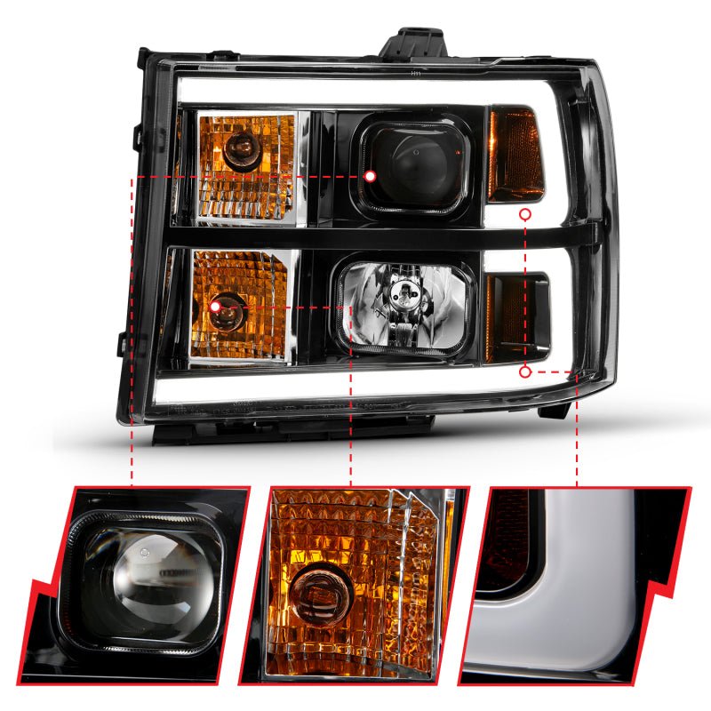 ANZO 2007-2013 Gmc Sierra 1500 Projector Headlight Plank Style Black w/ Clear Lens Amber - Crew Original