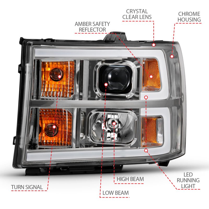 ANZO 2007-2013 Gmc Sierra 1500 Projector Headlight Plank Style Chrome w/ Clear Lens Amber - Crew Original