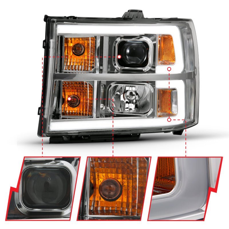 ANZO 2007-2013 Gmc Sierra 1500 Projector Headlight Plank Style Chrome w/ Clear Lens Amber - Crew Original