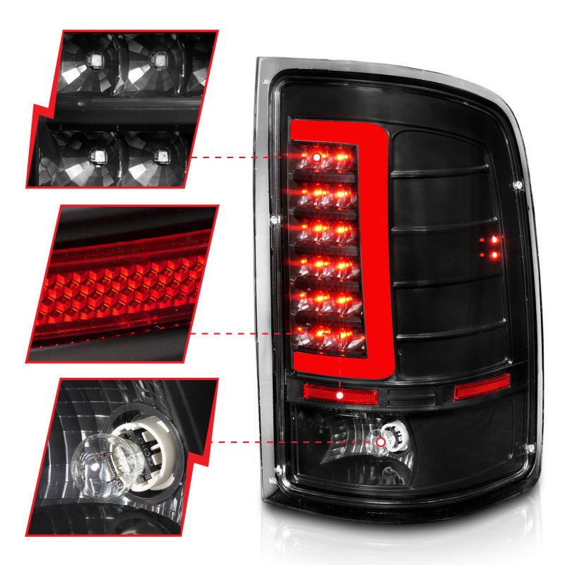 ANZO 2007-2013 GMC Sierra LED Tail Lights w/ Light Bar Black Housing Clear Lens - Crew Original