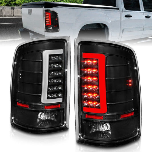 ANZO 2007-2013 GMC Sierra LED Tail Lights w/ Light Bar Black Housing Clear Lens - Crew Original