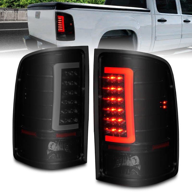 ANZO 2007-2013 GMC Sierra LED Tail Lights w/ Light Bar Black Housing Smoke Lens - Crew Original