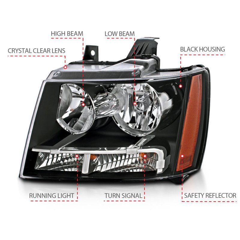 ANZO 2007-2014 Chevrolet Tahoe/Suburban Crystal Headlights Black - Crew Original