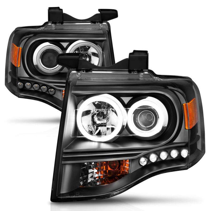 ANZO 2007-2014 Ford Expedition Projector Headlights w/ Halo Black - Crew Original