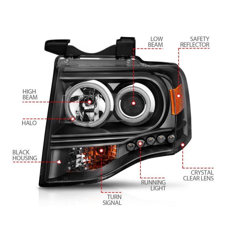 ANZO 2007-2014 Ford Expedition Projector Headlights w/ Halo Black - Crew Original