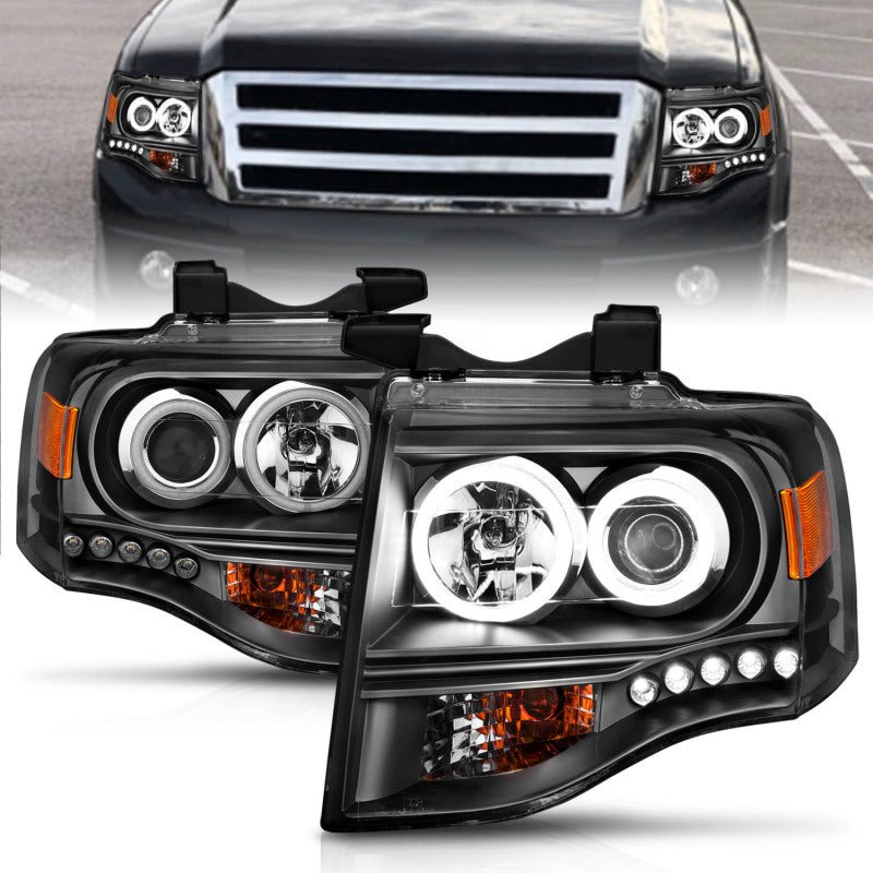 ANZO 2007-2014 Ford Expedition Projector Headlights w/ Halo Black - Crew Original