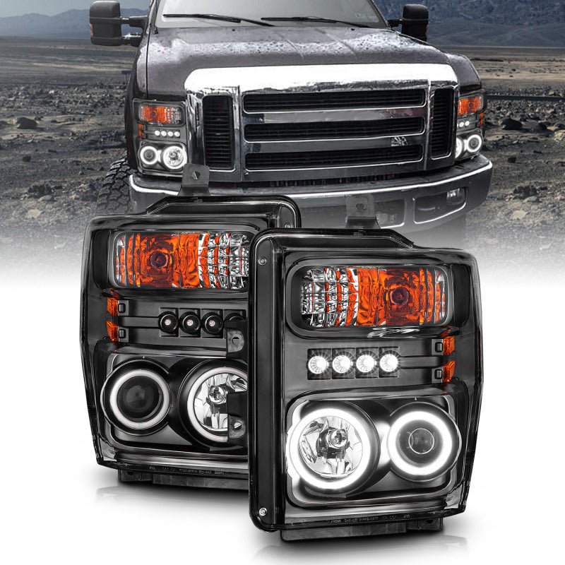 ANZO 2008-2010 Ford F-250 Projector Headlights w/ Halo Black (CCFL) - Crew Original