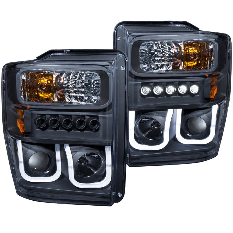 ANZO 2008-2010 Ford F-250 Projector Headlights w/ U-Bar Black - Crew Original