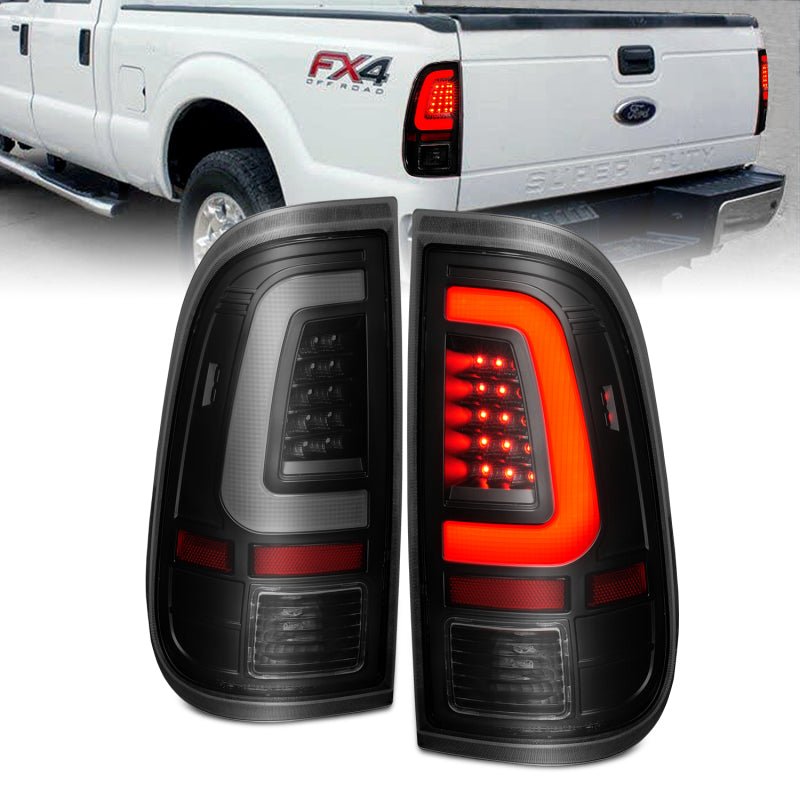 ANZO 2008-2016 Ford F-250 LED Tail w/ Lights Bar Black Housing Smoke Lens - Crew Original