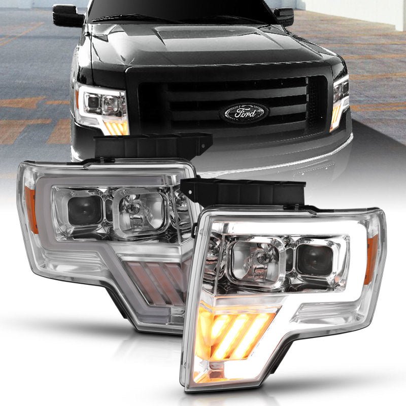 ANZO 2009-2014 Ford F-150 Projector Headlight Chrome Amber - Crew Original