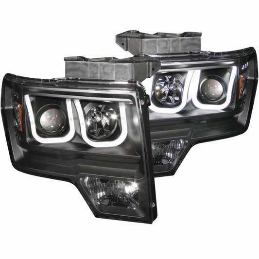 ANZO 2009-2014 Ford F-150 Projector Headlights w/ U-Bar Black - Crew Original