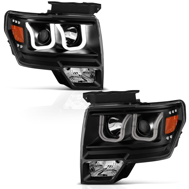 ANZO 2009-2014 Ford F-150 Projector Headlights w/ U-Bar Black - Crew Original