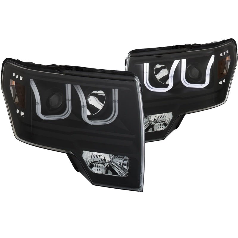 ANZO 2009-2014 Ford F-150 Projector Headlights w/ U-Bar Black Amber (HID TYPE) (WITHOUT HID KIT) - Crew Original