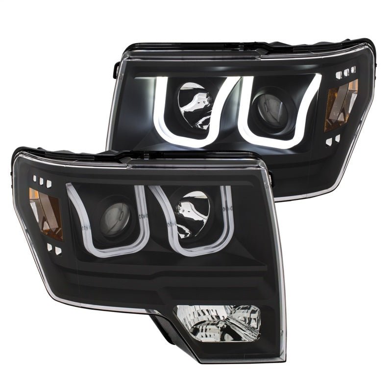 ANZO 2009-2014 Ford F-150 Projector Headlights w/ U-Bar Switchback Black w/ Amber - Crew Original