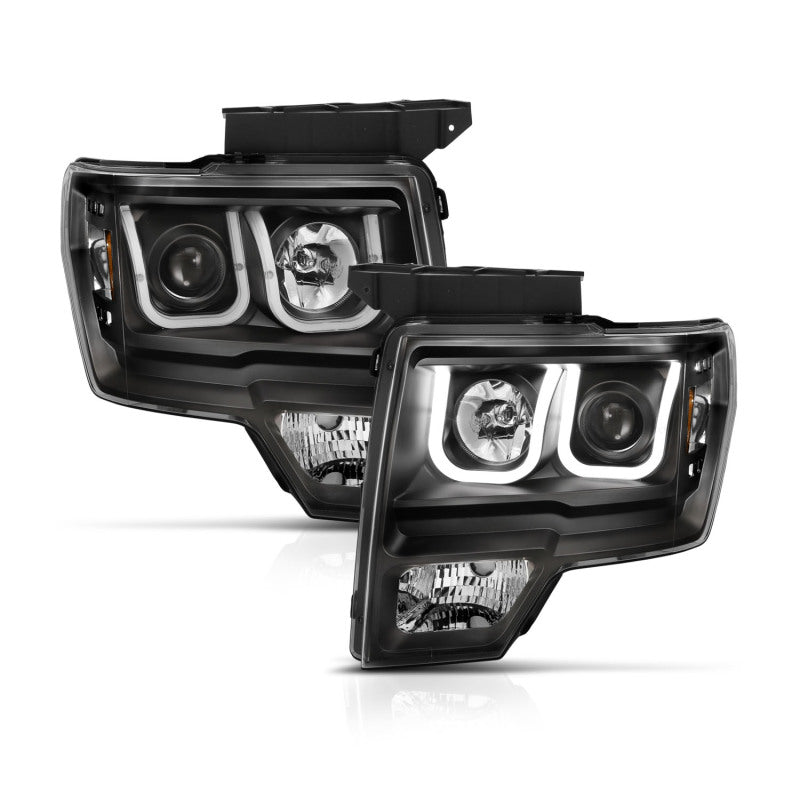 ANZO 2009-2014 Ford F-150 Projector Headlights w/ U-Bar Switchback Black w/ Amber - Crew Original