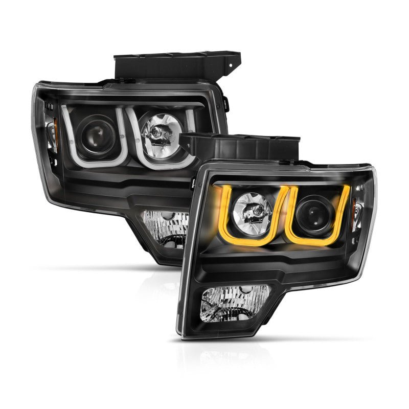 ANZO 2009-2014 Ford F-150 Projector Headlights w/ U-Bar Switchback Black w/ Amber - Crew Original