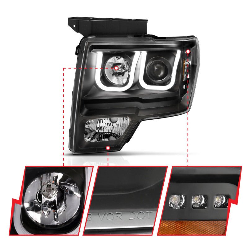 ANZO 2009-2014 Ford F-150 Projector Headlights w/ U-Bar Switchback Black w/ Amber - Crew Original