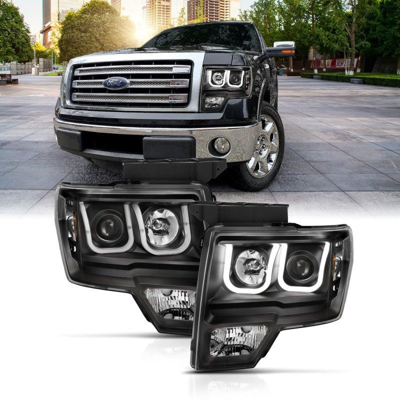 ANZO 2009-2014 Ford F-150 Projector Headlights w/ U-Bar Switchback Black w/ Amber - Crew Original